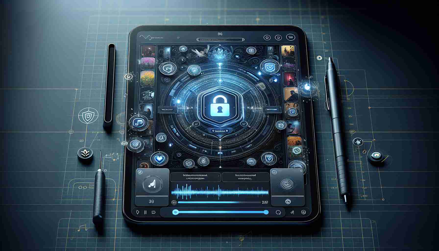 Create a high-definition, realistic image that showcases a digital music streaming platform introducing an enhanced security feature. The frame should include a close-up view of a devices screen displaying an interface of the digital music streaming platform with the newly integrated security feature prominently highlighted. Add subtle visual elements emphasizing safety and protection.
