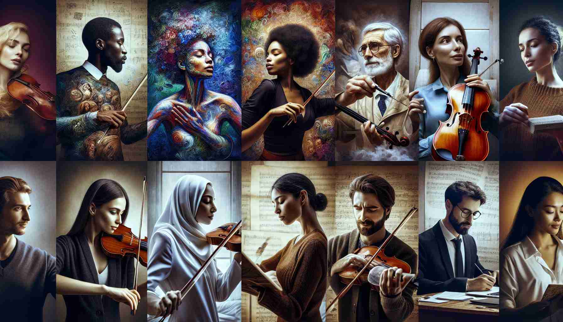 Generate a high-definition, realistic image depicting the concepts of individual strengths and self-expression. This could feature people of mixed gender and diversely ethnocultural backgrounds demonstrating their unique skills and talents in a variety of ways. Some possibilities could be a Black woman painting in a studio, a Caucasian man playing violin, a Middle-Eastern woman writing poetry, or a South Asian man engrossed in a scientific experiment. These individuals are embracing and displaying their distinctive abilities, their faces lit with passion and dedication.