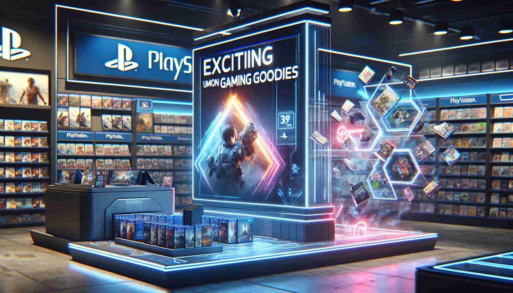 An ultra high definition realistic image showcasing a digital display in a futuristic store setup that reads 'Exciting Summer Discounts on Gaming Goodies'. The background features the PlayStation logo, while nearby we see various virtual game packages seemingly floating in a 3D holographic space. The atmosphere is energetic, reminiscent of a summer day, with bold vibrant colours and bright lights. The layout showcases the essence of gaming culture, living up to the excitement of a summer sales event.