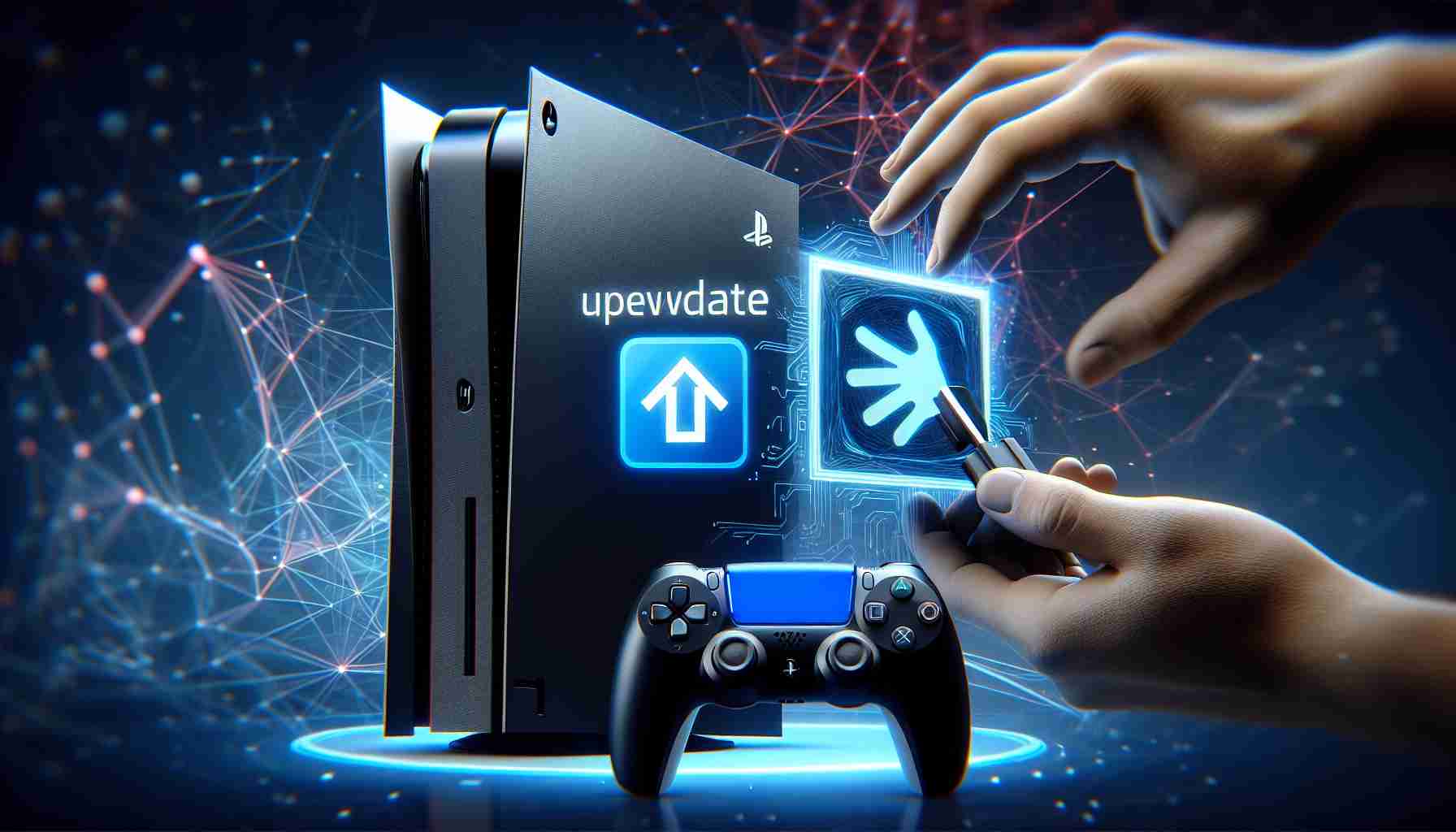 Generate a hyper-realistic, high-definition image showing a contemporary gaming console, specifically referencing a Playstation 5, with a new update being installed. The update features a social interaction tool prominently on the screen. This fresh function should exude a sense of revolution and modernity, improving the overall gaming and networking experience of the device users.