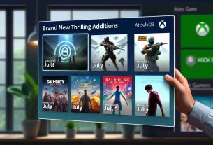 A high-definition mockup of a series of brand new, thrilling addition announcements for the month of July on a platform where you can play a variety of different video games, similar to Xbox Game Pass. The image should show an interface design showcasing several prominent game covers with their release dates prominently displayed. The addition of these new games is seen as thrilling and exciting, heightening the anticipation for the coming month.