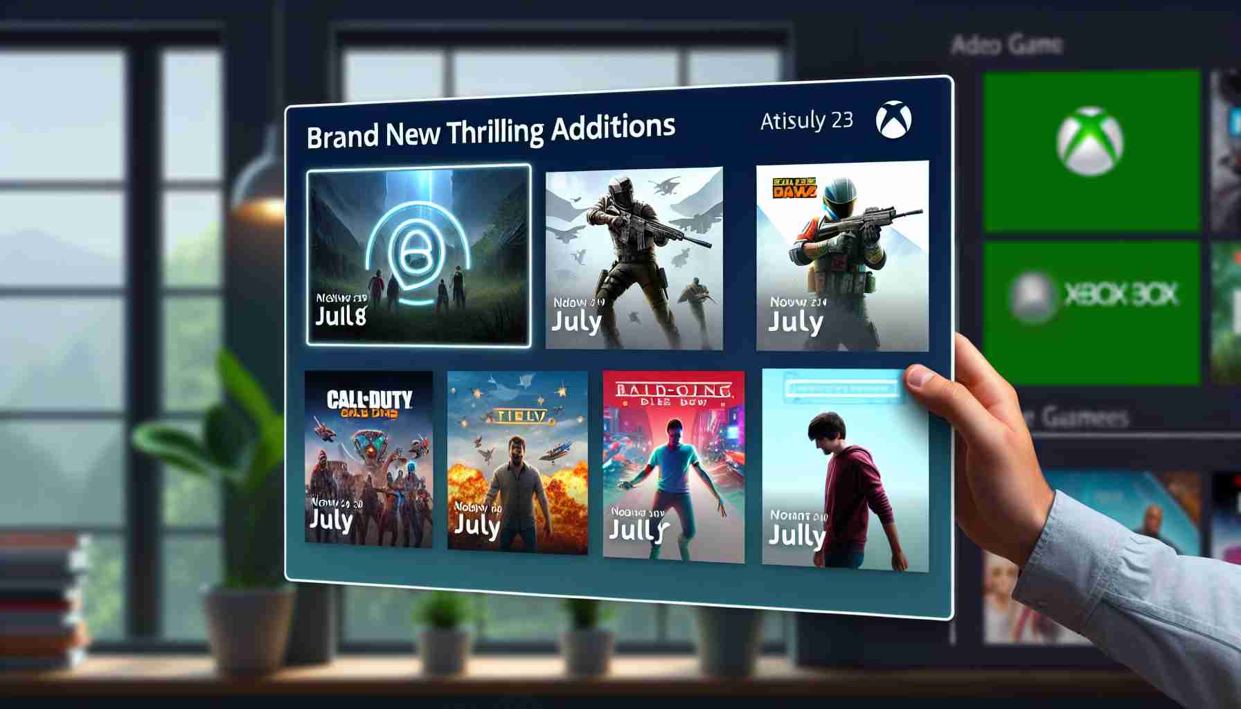 A high-definition mockup of a series of brand new, thrilling addition announcements for the month of July on a platform where you can play a variety of different video games, similar to Xbox Game Pass. The image should show an interface design showcasing several prominent game covers with their release dates prominently displayed. The addition of these new games is seen as thrilling and exciting, heightening the anticipation for the coming month.