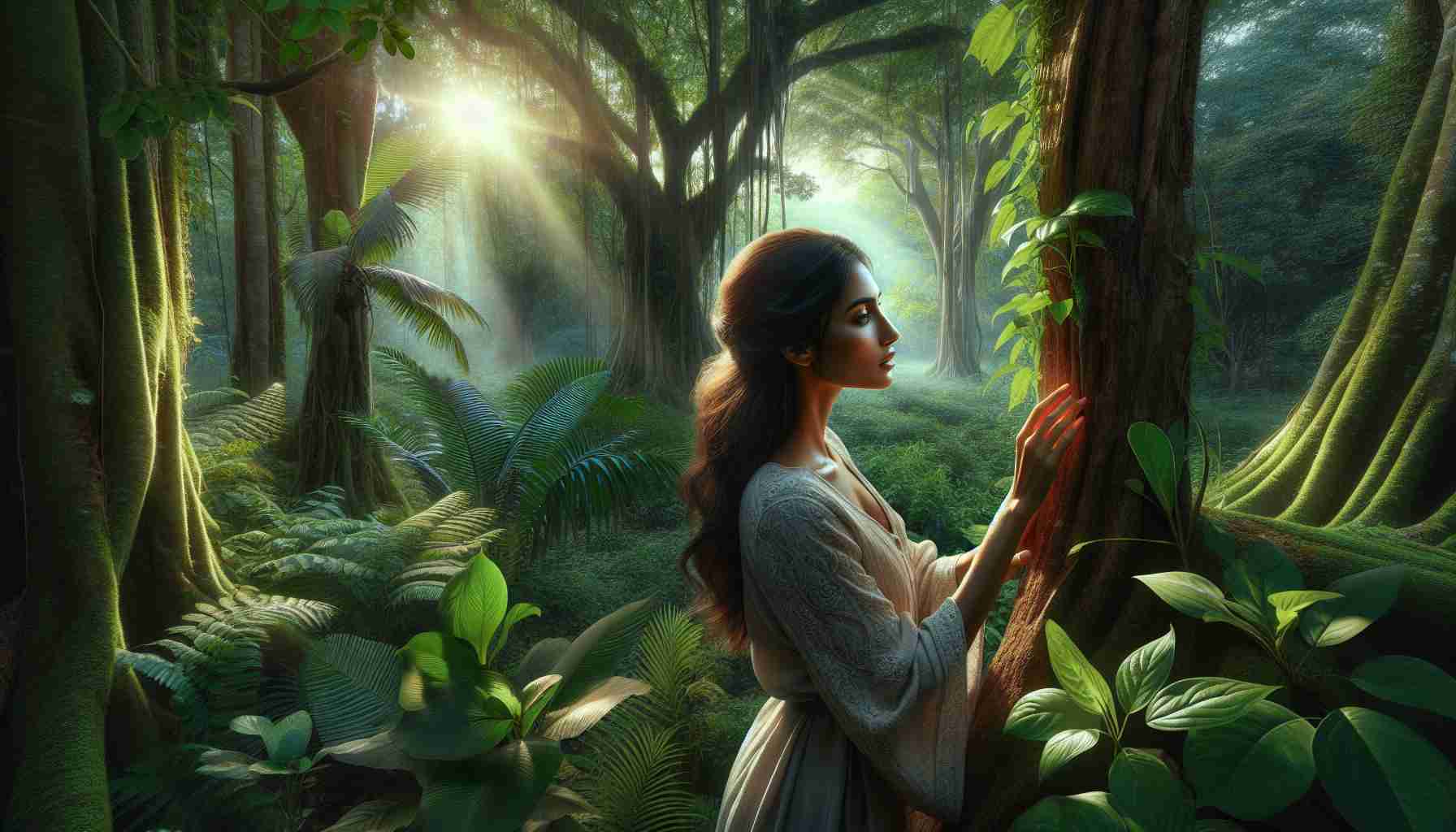 A high-definition, realistic image showcasing the beauty of nature. This scene includes a South Asian woman, who we'll refer to as Amita, fully engrossed in the tranquility around her. She is standing amidst a lush green forest, captivated by the variety of plant life. The sun's rays peek through the leaves of the trees, casting an ethereal glow on her face. In the background, there's a symphony of chirping birds and rustling leaves. Amita is touching a tree bark with one hand, a symbol of her deep connection with nature. Her face exudes serenity and peace.