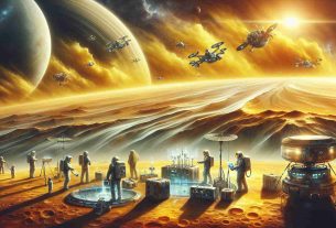 Create a detailed, high-definition image showcasing the exploration of new possibilities on the planet Venus. The scene should depict futuristic spacecrafts hovering over the planet's surface, hints of advanced technology such as automated drones and robotics at work, and scientists from various descents and genders busying themselves with new discoveries. The earthy yellow atmosphere of Venus reflects off their protective suits. In the background, burning bright against the alien skyline, Venus's thick, turbulent clouds churn continuously.