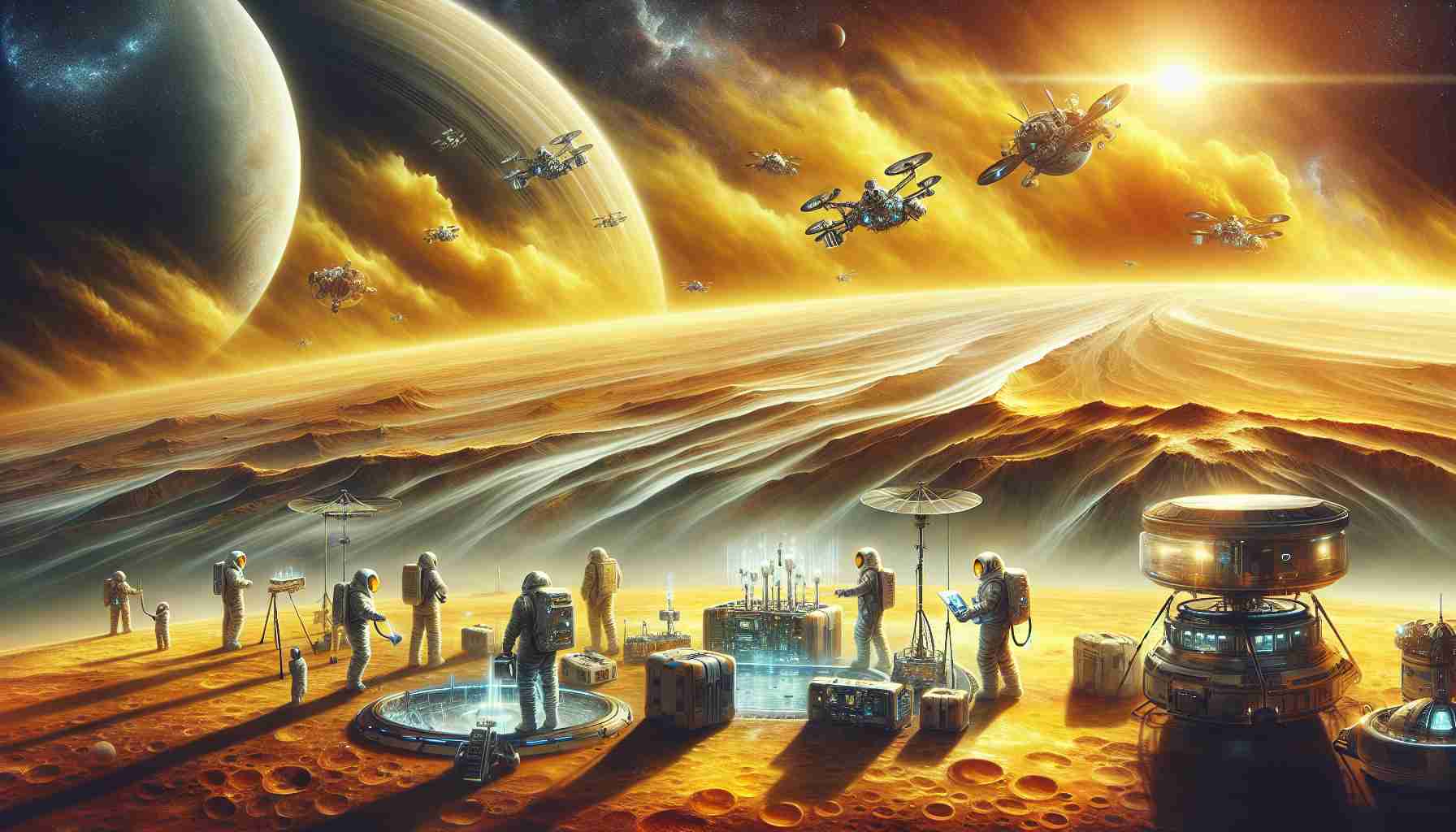 Create a detailed, high-definition image showcasing the exploration of new possibilities on the planet Venus. The scene should depict futuristic spacecrafts hovering over the planet's surface, hints of advanced technology such as automated drones and robotics at work, and scientists from various descents and genders busying themselves with new discoveries. The earthy yellow atmosphere of Venus reflects off their protective suits. In the background, burning bright against the alien skyline, Venus's thick, turbulent clouds churn continuously.