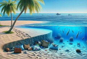 A realistic, high-definition image displaying a scene at a tourist beach, filled with potential hidden dangers. The crystal blue ocean showcases a few shapes beneath the surface, suggesting marine creatures or submerged debris. The sandy beach, while beautiful, is scattered with half-buried objects, perhaps discarded by previous tourists. A trail of footprints leads to an unattended pile of bags and accessories, indicating possible theft. The beauty of the tropical palms appears undermined by coconuts hanging precariously above. The beach scene provides a stark contrast between its inviting beauty and the potential dangers lurking beneath the surface.