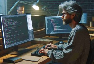 Realistic HD photo of a coding tutorial titled 'Unraveling the Secrets of Gaming' conducted by a Caucasian male with grey hair and glasses, wearing a casual sweater. The scene captures him in front of a computer setup, immersed in demonstrating game development techniques.