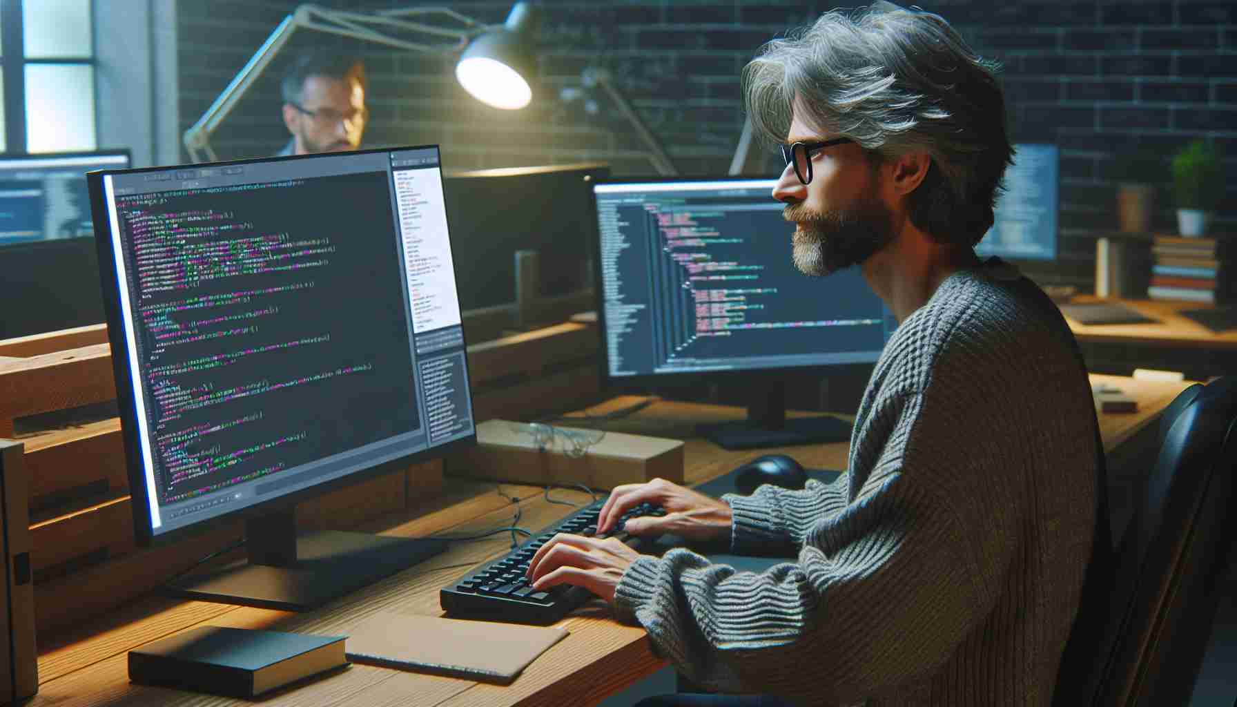 Realistic HD photo of a coding tutorial titled 'Unraveling the Secrets of Gaming' conducted by a Caucasian male with grey hair and glasses, wearing a casual sweater. The scene captures him in front of a computer setup, immersed in demonstrating game development techniques.