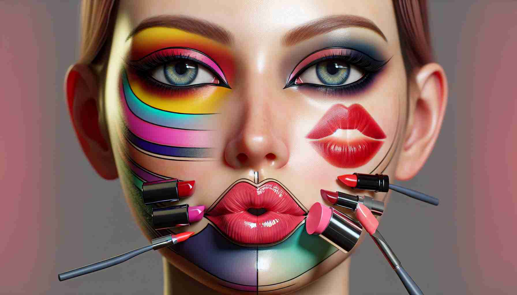 A hyper-realistic, high-definition image showcasing an unconventional approach to daily makeup. It could include unusual colors for eyeliner, eyeshadow, lipstick or rouge, used in a surprisingly harmonious way. The face receiving the makeup could be digitally illustrated to show a clear skin tone, defined facial features and detailed textures of the skin and makeup products. The mood is playful, allowing for exploration and creativity beyond traditional makeup norms.