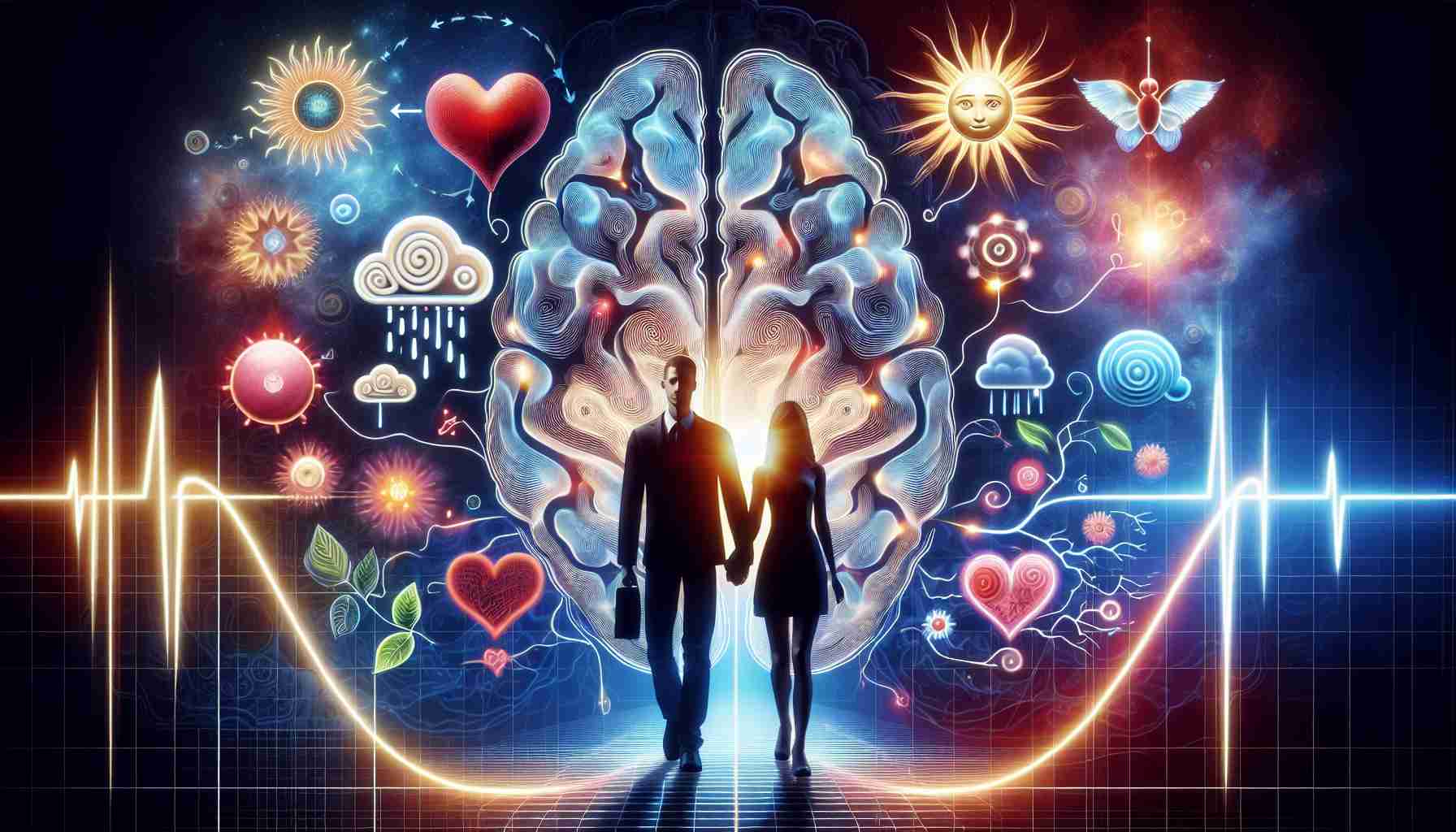 A realistic high-definition image that metaphorically represents 'The Science Behind Our Emotions and Relationships'. Picture a background of a brain scan with highlighted areas that are associated with emotions and relationships. Foreground shows two silhouette figures, a Caucasian man and a South Asian woman, holding hands implying human relationships. They are surrounded by whimsical, abstract symbols of emotions like happiness (a bright sun), sadness (a rain cloud), anger (a red, pulsing heartbeat line), and love (a soft, luminescent heart). Try to balance the dynamics of the science and emotional aspects.