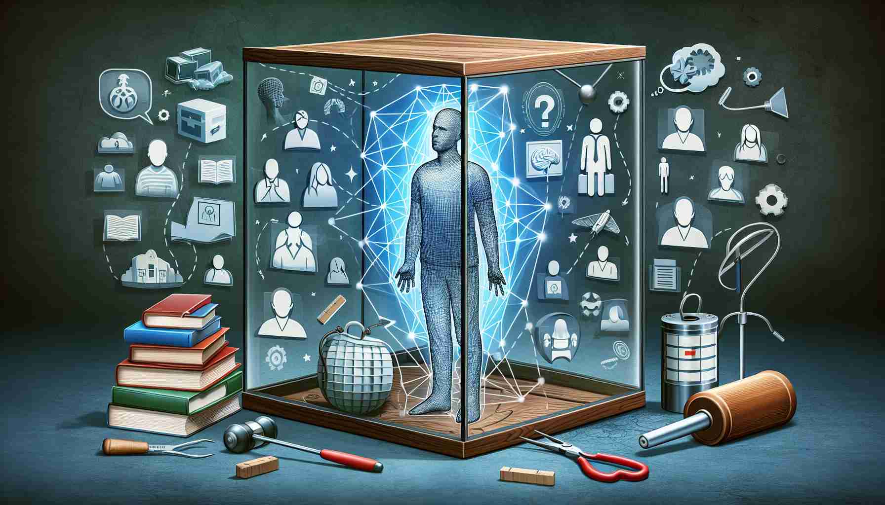 Illustrate an abstract concept of the challenges in changing narcissistic personality traits, according to psychological experts. The image could show a person, symbolizing the narcissist, trapped in a glass box, representing their self-centered world. Surrounding the box might be various tools like books and counseling icons, embodying resources for change. Outside the box, depict a healthier, more empathetic figure, illustrating the potential for transformation. Please make this image in a high-definition, realistic style.