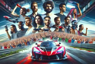 Generate a highly detailed and realistic image depicting the anticipation and excitement for a new, highly awaited racing video game called 'Rev Up'. Show a diverse group of gamers of different genders and descents, ranging from Middle Eastern, Caucasian, Hispanic, South Asian, and Black. The image should have high-definition quality. As elements of the game excitement, include a vibrant racing car speeding across a formidable race track, flanked by cheering digital crowd in the background, and symbolic elements such as gaming consoles and game cover art featuring the title 'Rev Up'.