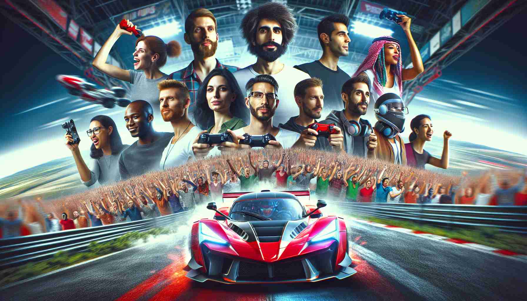 Generate a highly detailed and realistic image depicting the anticipation and excitement for a new, highly awaited racing video game called 'Rev Up'. Show a diverse group of gamers of different genders and descents, ranging from Middle Eastern, Caucasian, Hispanic, South Asian, and Black. The image should have high-definition quality. As elements of the game excitement, include a vibrant racing car speeding across a formidable race track, flanked by cheering digital crowd in the background, and symbolic elements such as gaming consoles and game cover art featuring the title 'Rev Up'.