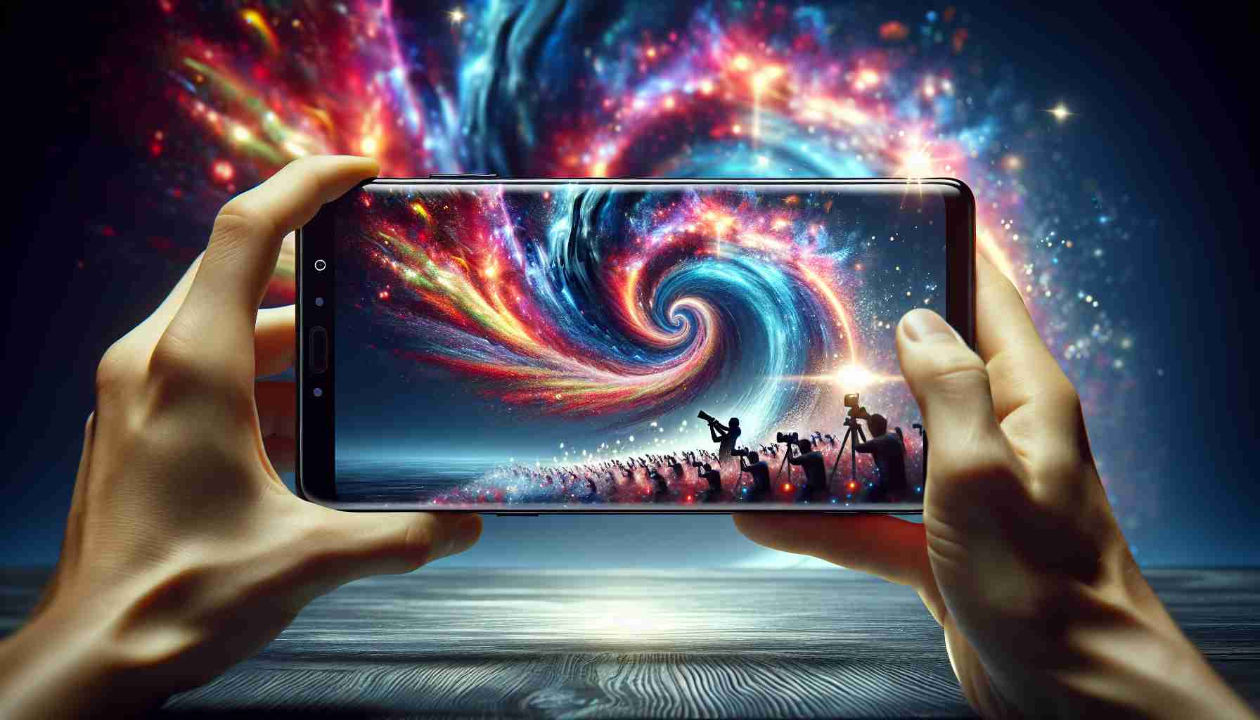 A high-resolution, highly realistic image of a scene where photographers are capturing a dazzling and mesmerizing shot that triggers a whirlwind of excitement and flurry on Android smartphones. Show the vibrant colors and active elements of the shot causing the apps on the phones to be in a frenzy, showcasing the influence of the stunning photo. Express the chaos subtly using visual metaphors, such as swirling patterns and surges of light from the smartphones screen. However, ensure not to depict any brand logo.