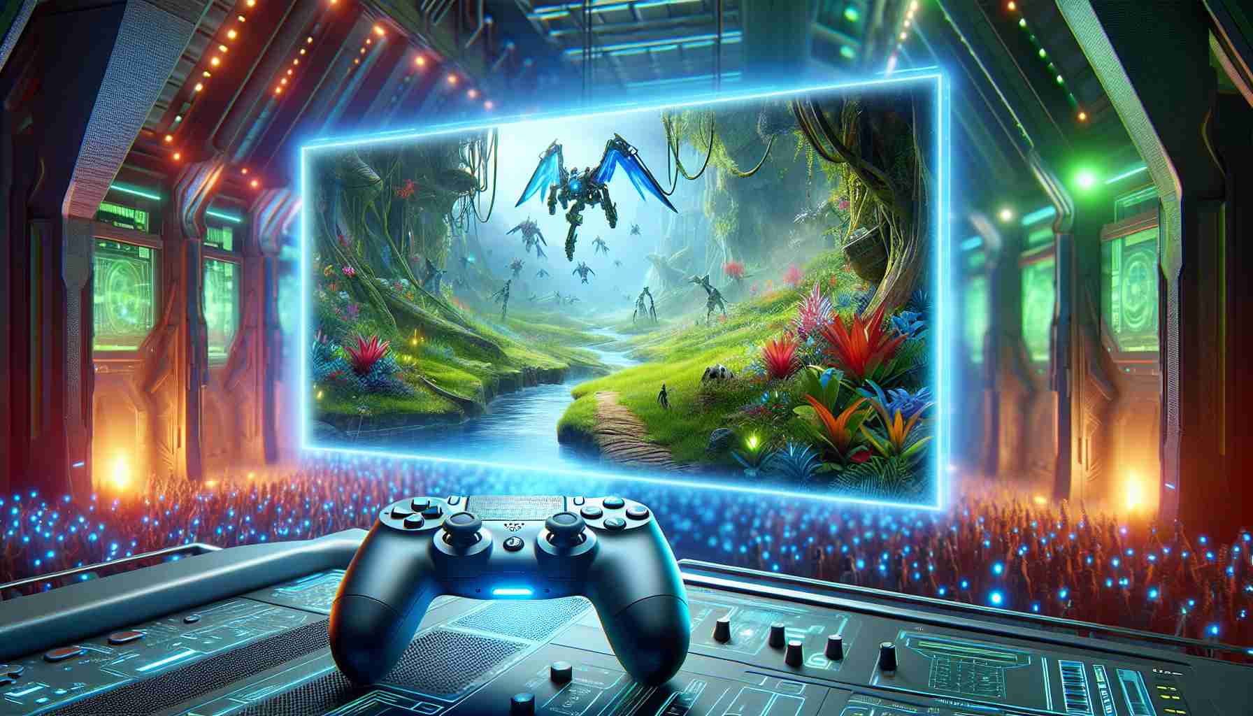 Generate a high-definition image illustrating a transformative gaming experience with superior aesthetics. Envision a widescreen view of an advanced gaming console controller in the foreground with radiant light reflecting off its buttons, akin to a futuristic environment. Also showcase a visually captivating game scene on a large, flat-screen monitor in the background featuring a lush, fantastical landscape thriving with vibrant flora and fauna. Ignite the surroundings with the radiant illumination coming from the gaming equipment suggesting a wholly immersive gaming ambiance.