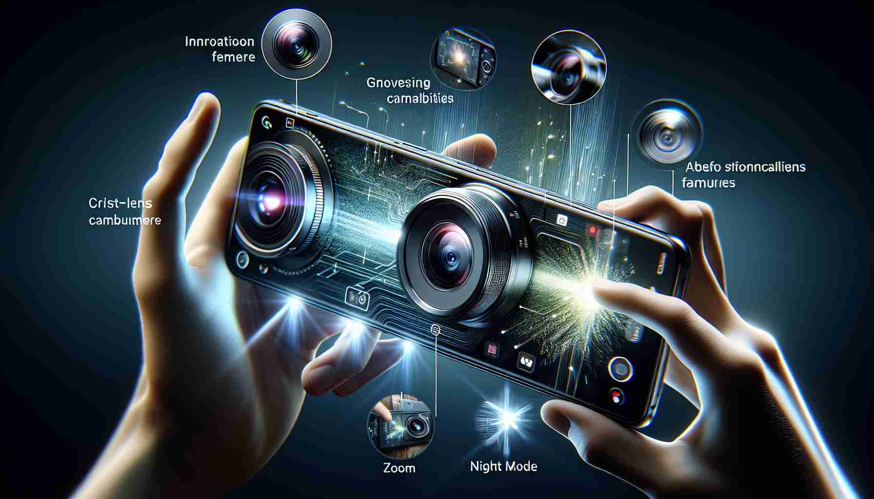 A high-definition, realistic image showcasing the thrilling and innovative camera features expected in the upcoming generic smartphone model 16 series. This includes an advanced triple-lens camera layout, cutting-edge night mode capabilities for crisp, clear photos in low light, an impressive zoom feature, and an incredibly advanced artificial intelligence system for professional-grade photo editing.