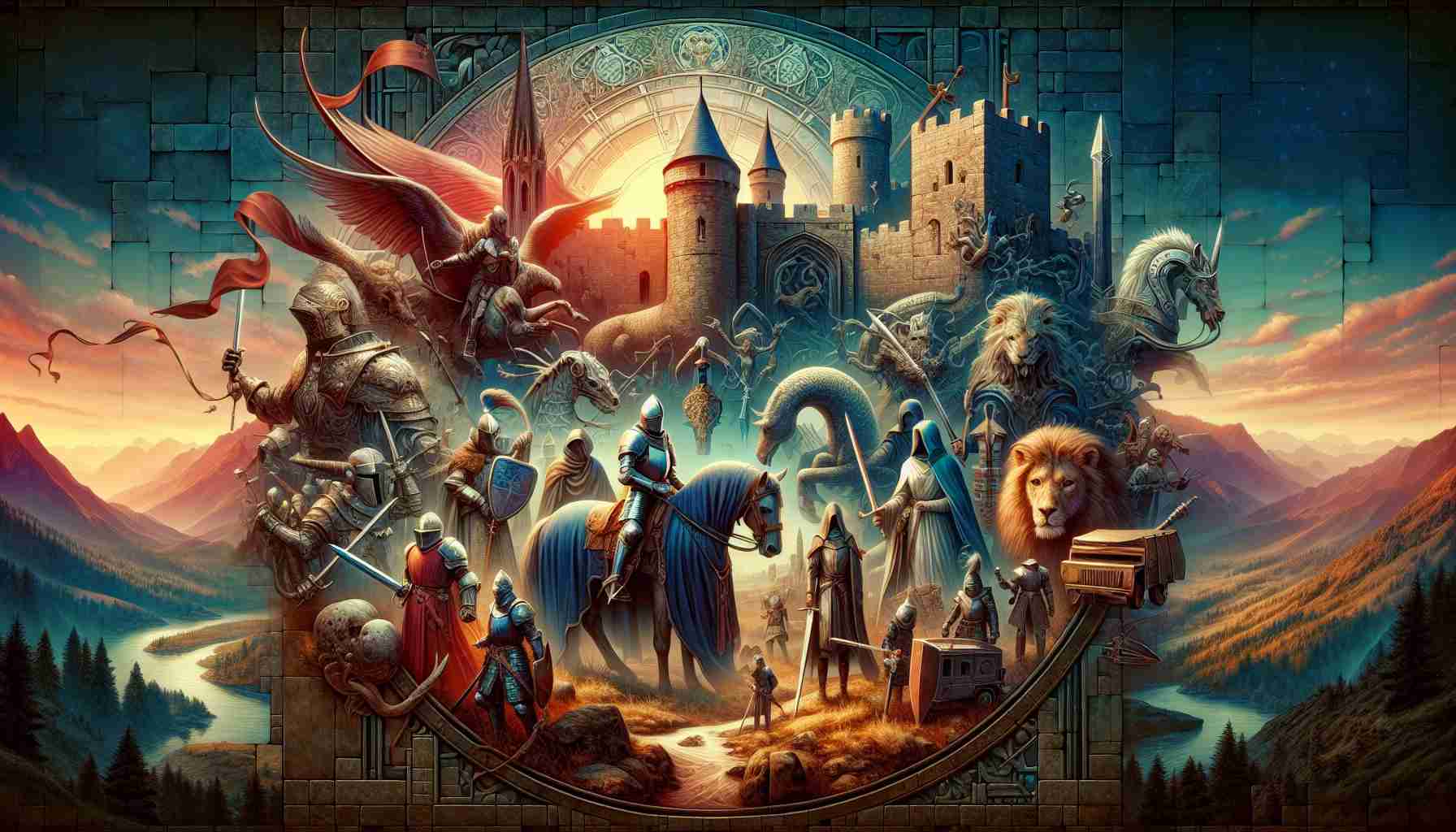 Generate a realistic, high-definition image illustrating the theme of medieval adventure as could be inferred from a game titled 'Realm Quest: Redemption'. Elements could include knights, castles, magical artifacts, mythical creatures, and dramatic landscapes.