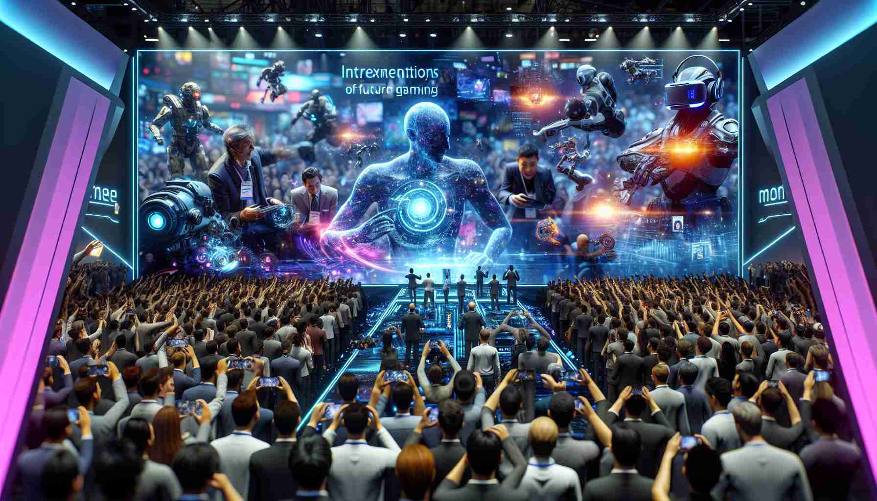 An ultra-high-definition realistic scene depicting the excitement of future gaming taken from a showcase at a well-regarded gaming conference. The image captures the thrill of newly revealed gaming technologies, enlivened by bright lights and animated displays. Indications hint at futuristic game environments and cutting-edge virtual reality gadgets. The crowd in the image comprises people of various genders, all equally engrossed in the unveiling moments. It's a blend of technology enthusiasts, gaming executives, software developers; all from different descents such as Caucasian, Hispanic, Black, Middle-Eastern, South Asian, and White, enhancing the global reach of future gaming trends.