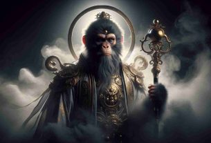 Realistic high-definition image of an epic mythic tale of a primate deity, with a cloud of mysticism surrounding him, reminiscent of the story of Sun Wukong. This character is portrayed donned in a traditional warrior's armor, with a distinctive golden circlet around his head and holding a resizing staff. A dark, somewhat mysterious ambiance is evoked, echoing the shadows and enigmas of black mythology.