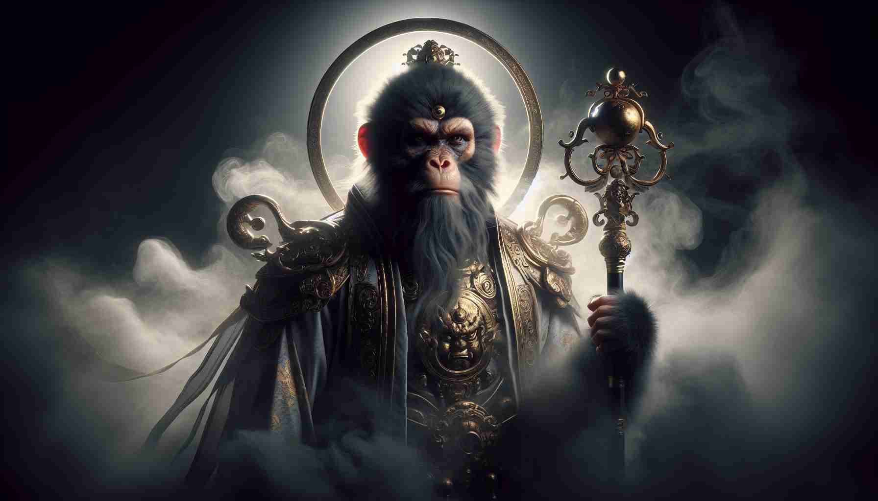 Realistic high-definition image of an epic mythic tale of a primate deity, with a cloud of mysticism surrounding him, reminiscent of the story of Sun Wukong. This character is portrayed donned in a traditional warrior's armor, with a distinctive golden circlet around his head and holding a resizing staff. A dark, somewhat mysterious ambiance is evoked, echoing the shadows and enigmas of black mythology.