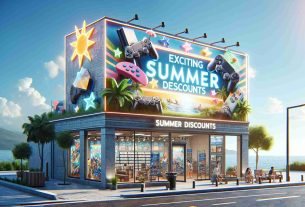 Generate a high-definition, realistic image of a vibrant digital storefront displaying 'Exciting Summer Discounts' for a generic game console store. The scenery should feature depictions of popular video games, a clear sunny summer theme, a major focus on the word 'Summer Discounts', and a sense of excitement and enjoyment. Please exclude any particular brand logos or identifiers.