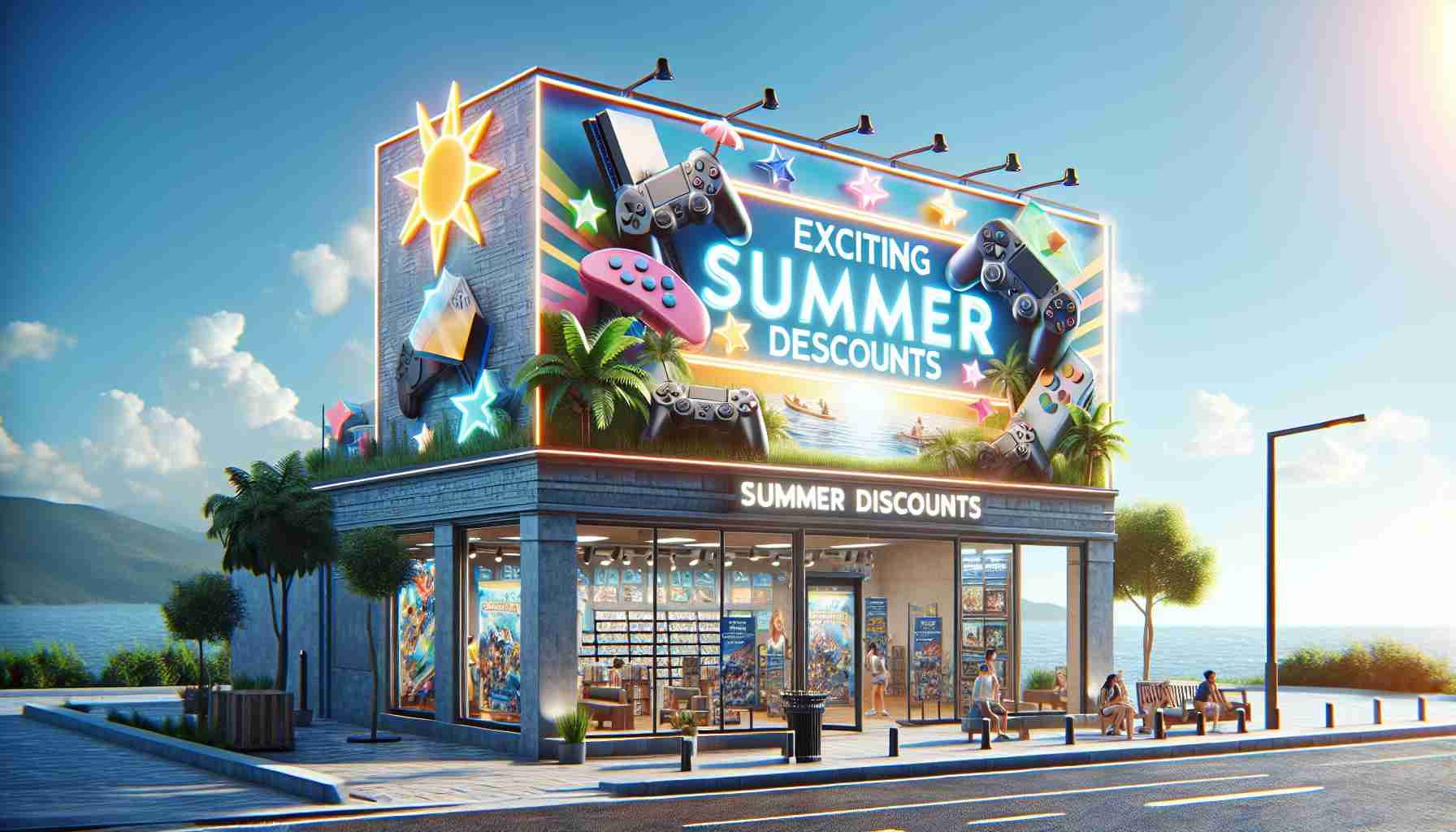 Generate a high-definition, realistic image of a vibrant digital storefront displaying 'Exciting Summer Discounts' for a generic game console store. The scenery should feature depictions of popular video games, a clear sunny summer theme, a major focus on the word 'Summer Discounts', and a sense of excitement and enjoyment. Please exclude any particular brand logos or identifiers.