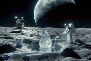 Generate a highly detailed and realistic image that portrays the concept of new discoveries on the moon. Specifically, show water in a unique form. The scene could depict astronaut scientists conducting analysis, observing or experimenting with this unusual form of water. The lunar landscape should be accurate, with its characteristic grey surface, craters, and the Earth in the black sky. The water could have an extraordinary appearance, perhaps solid but translucent or glowing with an otherworldly light, to emphasize this is no ordinary finding but a special form of water.