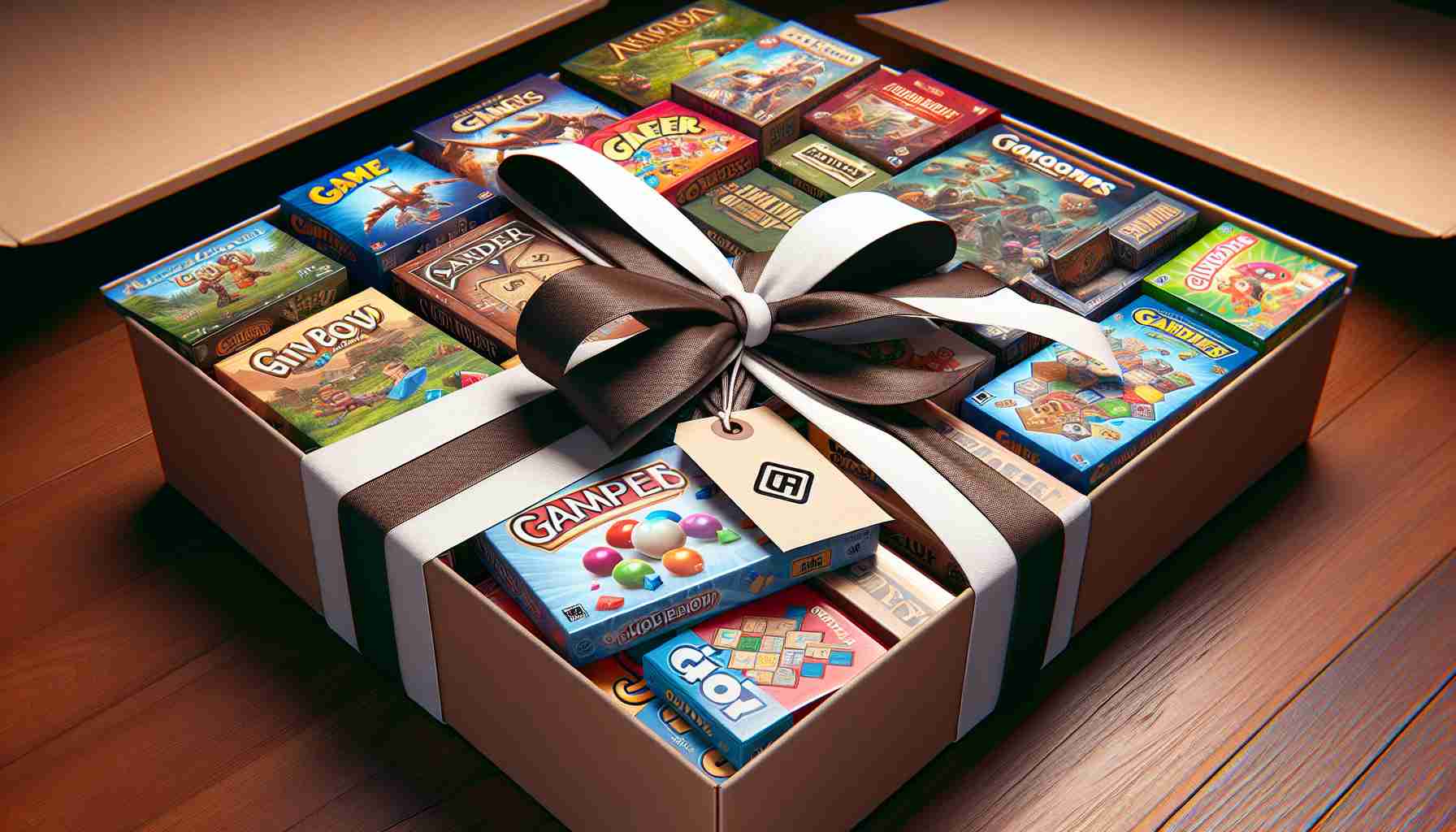 A high-definition realistic image showcasing an exciting game bundle. The bundle includes various types of games neatly packaged together, perhaps a mix of board games, card games, and puzzle games. This collection is intended for a worthy cause, symbolized by a label or ribbon indicating charity or fundraising initiative. The feel of the image should communicate fun, excitement, and the joy of giving.