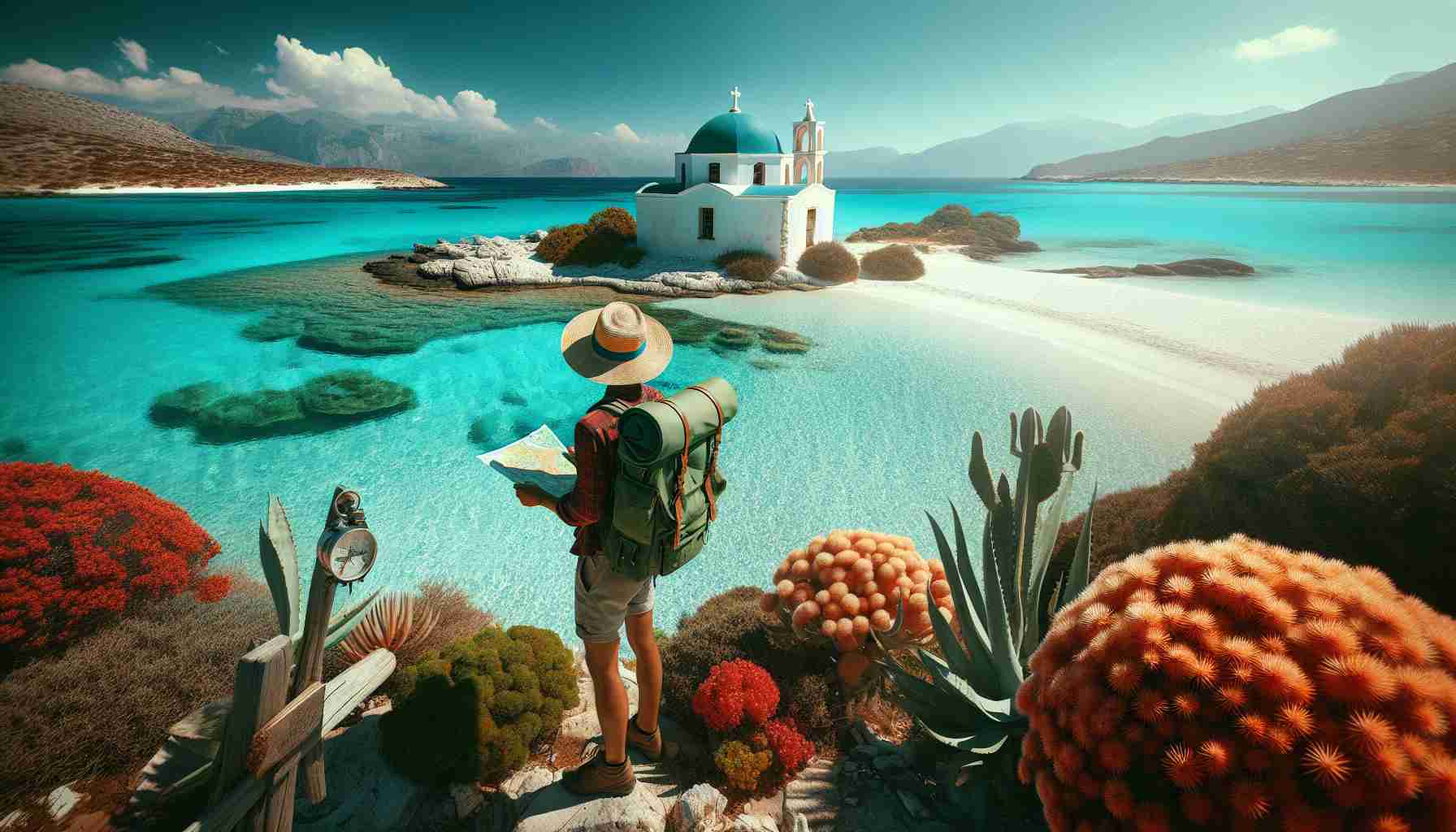 A high-definition photo depicting exploration of the hidden gems of Elafonisos. The scene unfolds a breathtaking view of crystal-clear turquoise waters contrasted with the pristine white sands. In the foreground, an explorer wearing a sunhat and carrying a map stands looking out at the sea, their face filled with curiosity and wonder. Their backpack lies next to them, suggesting a long journey ahead. Nearby, a unique local flora lends a vibrant splash of colors to the scene. Rounding off this tranquil landscape is a traditional Greek chapel in the distance, its white walls gleaming under the bright Mediterranean sun.