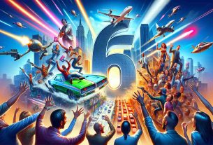 A high resolution image conceptualizing excitement around the ongoing development of a popular open-world action-adventure video game, often characterized by its dynamic city skylines, shiny vehicles, criminal plotlines and colorful characters. The game's number 6 is prominently visible, hinting at it being a new instalment. Fans displays a wide range of emotions from anticipation to joy.