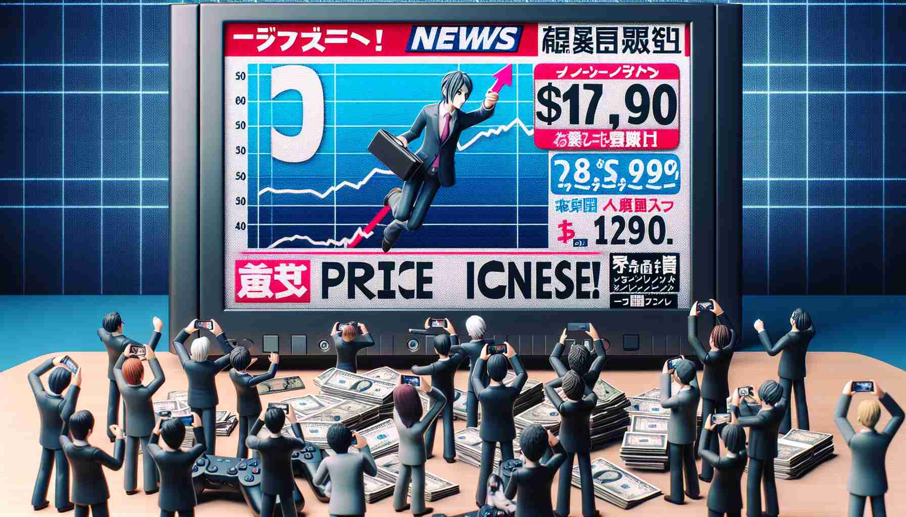 A high-definition image simulating a breaking news announcement showing the price increase for a popular gaming console in Japan.