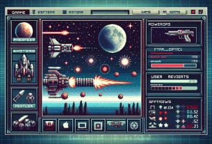 Generate a high-definition, realistic image of a retro-inspired shooter video game interface. It should feature pixel-art graphics reminiscent of classic games, various weapons, power-ups, enemy figures, and a futuristic, outer-space backdrop. The image should also include an overlay of a digital store interface indicating the game's availability on a popular online gaming platform, showcasing features like user reviews, price, and system requirements.