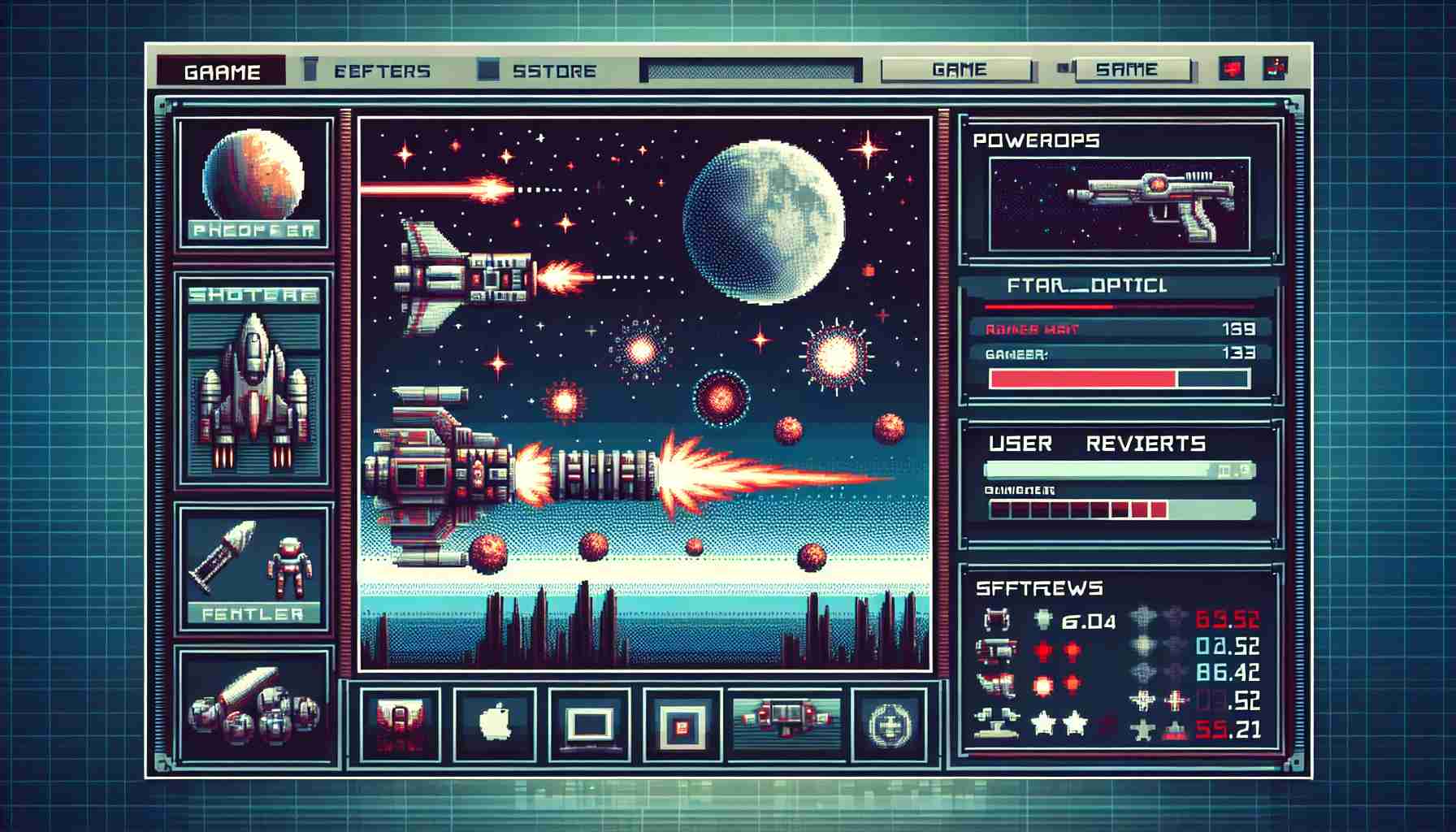 Generate a high-definition, realistic image of a retro-inspired shooter video game interface. It should feature pixel-art graphics reminiscent of classic games, various weapons, power-ups, enemy figures, and a futuristic, outer-space backdrop. The image should also include an overlay of a digital store interface indicating the game's availability on a popular online gaming platform, showcasing features like user reviews, price, and system requirements.