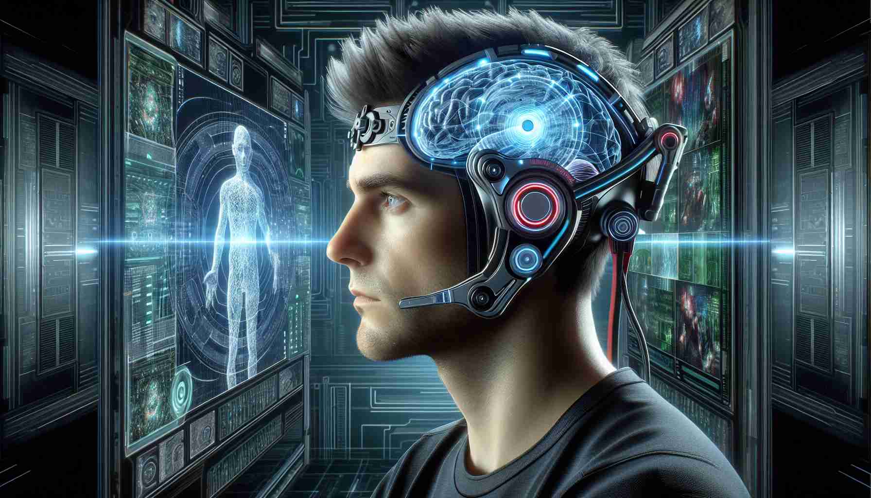 An image depicting the futuristic concept of gaming with advanced neural technology. It should feature a brain-computer interface device, similar to what the Neuralink project aims to create, attached to a person's head. The person, a Caucasian male, should be fully immersed in a virtual reality game, with complex 3D graphics visible in the background. He appears completely absorbed in his game, with an expression of intense focus. Please create this image in a high-definition, realistic style.