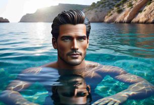 A highly detailed image of a muscular male actor with brunette hair, who closely resembles a popular Hollywood figure, swimming safely in the crystal clear waters of a location similar to Ibiza. The sunlight reflects off the surface of the water, showcasing the surrounding scenic views of the famous vacation destination, making it a truly breathtaking sight.