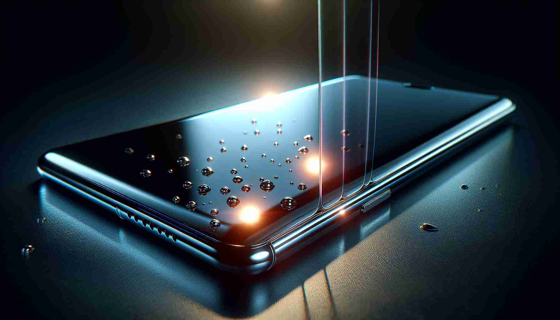 A high-definition, realistic image of a newly launched smartphone model reflecting a revolutionary nanotech coating. The phone has a glossy, slick feel to it, showcasing the advanced technological upgrade that isn't simply about aesthetics but also durability. Light reflects off it in a way that suggests it raises the bar for industry standards, highlighting the micro level details of the nanocoating that provides it with enhanced protection and an overall premium look.