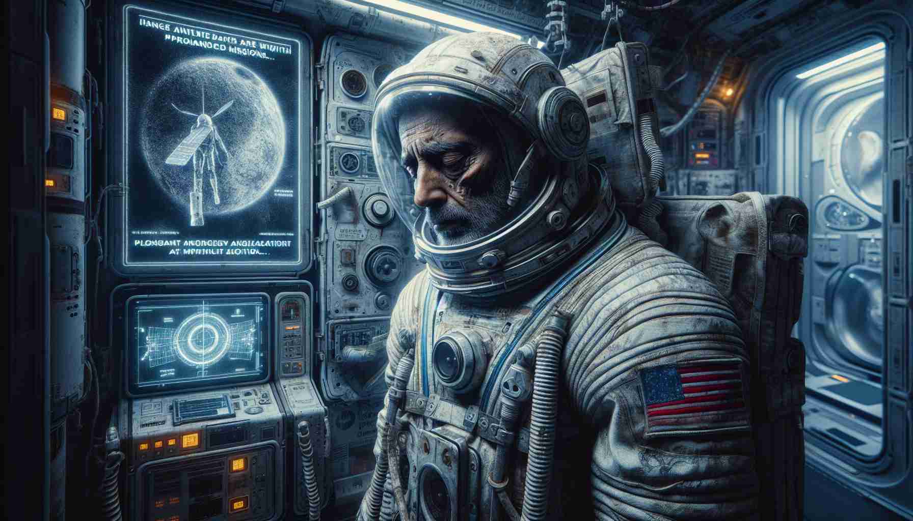 A highly detailed and realistic depiction of the dangers associated with prolonged space missions. The image should include visually striking elements such as a weary astronaut, possibly of South Asian descent, displaying symptoms of prolonged isolation such as fatigue and melancholy. Also, incorporate equipment exhibiting wear and tear symbolizing prolonged usage, and a spaceship interior background to emphasize the setting. Communicate the eerie silence of space, the lack of vibrant colors, and the themes of loneliness, endurance, and resilience.