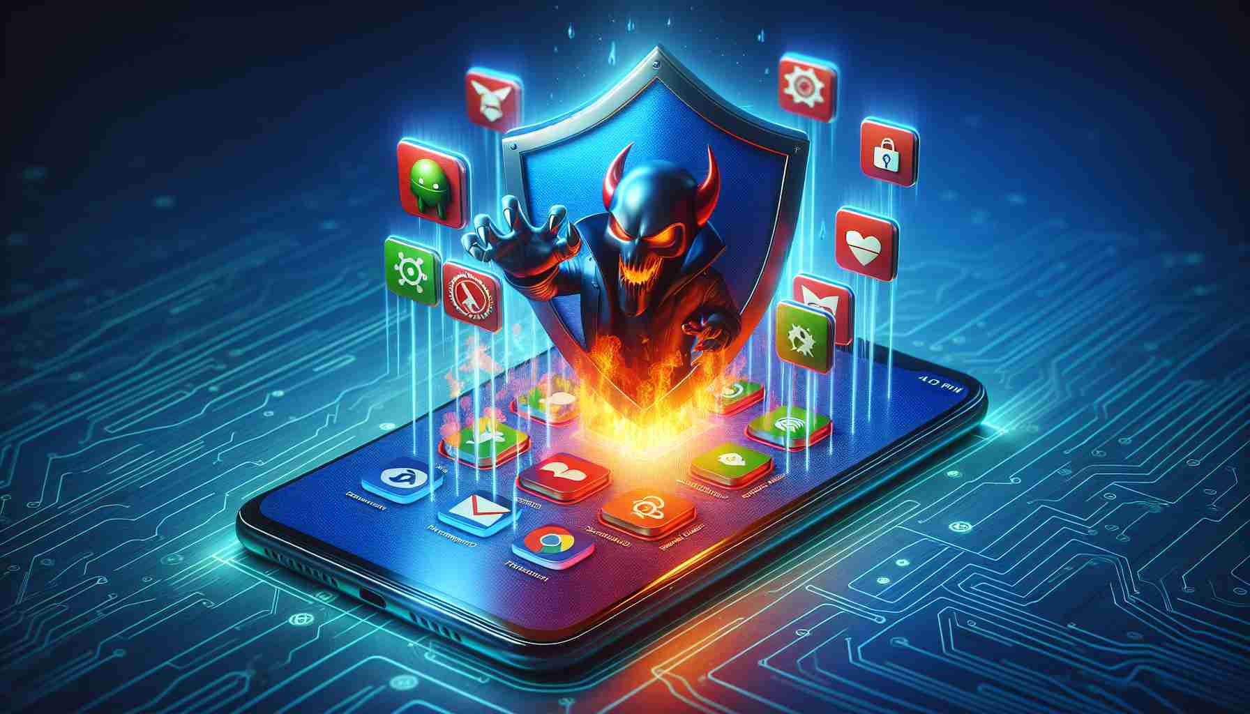 Create a realistic high-definition image illustrating the concept of protecting a digital device, like a smartphone or tablet, from malicious apps. The image can show a representation of a device with a virtual shield on its screen, and menacing app icons on the outside of the shield to symbolize the harmful apps. The shield symbolizes antivirus or security software. The scene should be vibrant, detailed, and visually appealing.