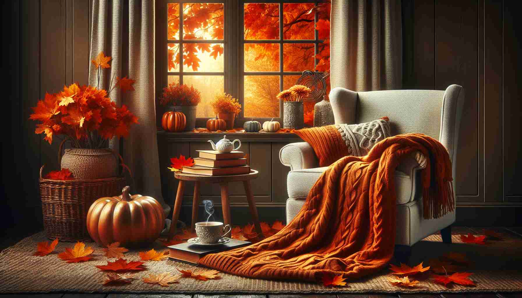 Capture a detailed image of a welcoming indoor scene brimming with the cozy feel of autumn. Picture a comfortable armchair positioned near a window, outside of which the foliage displays the rich fiery hues synonymous with the season. On the windowsill, an ornamental pumpkin hints at the imminent arrival of Halloween. Spread out on the armchair, you'll find a cable-knit throw blanket in a warm shade of burnt orange, and tucked within its folds is an engrossing novel with a teacup emitting gentle wafts of steam resting on a side table nearby. Every component screams the comfort of an autumnal reading experience in HD clarity.