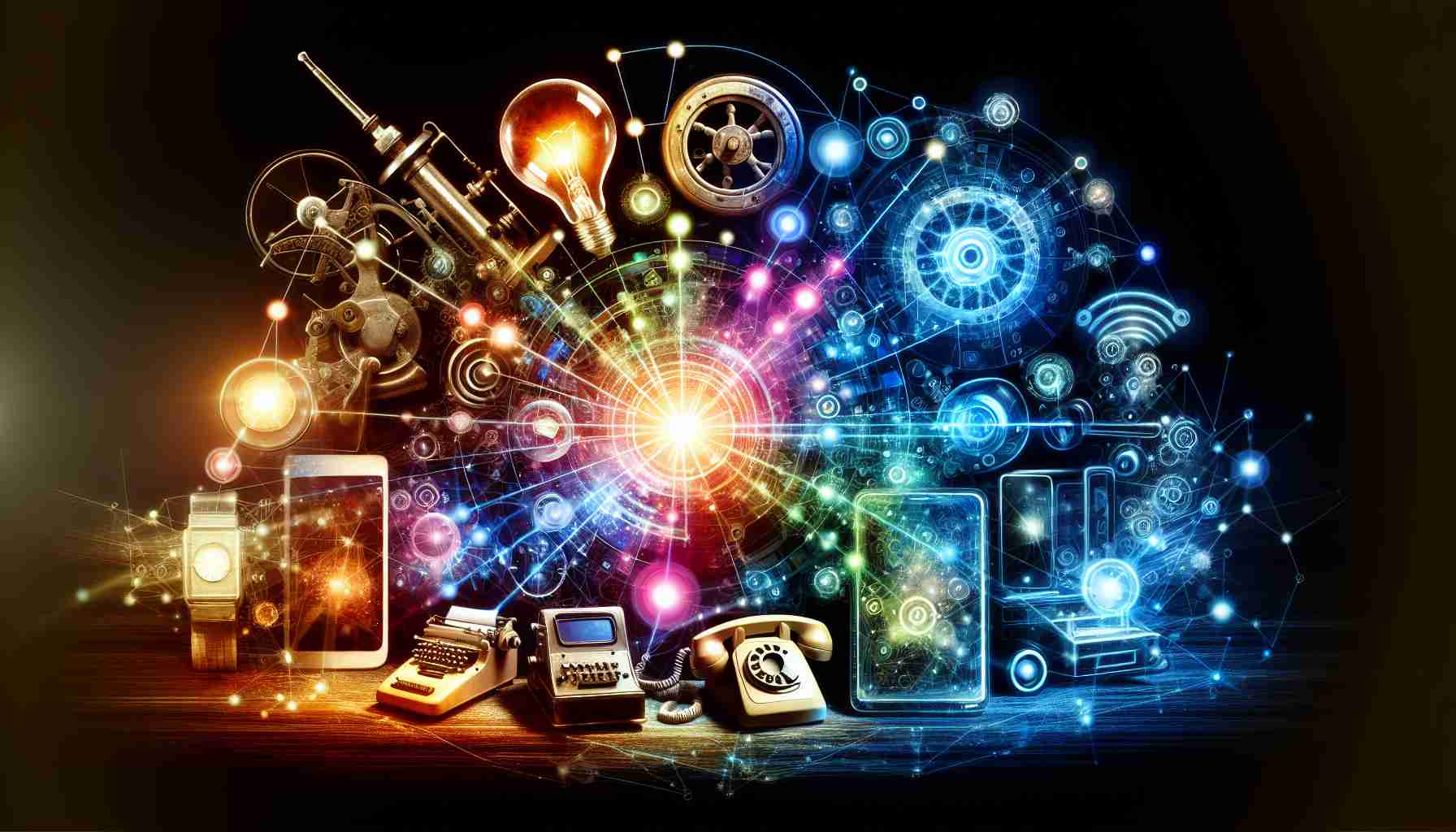 A vivid and high-definition image illustrating the concept of revolutionizing communication. It should be a symbolic representation of different devices and technologies, each from diverse time periods, increasingly becoming interconnected and intertwined. This can be symbolized by an array of communication devices such as a rotary phone, a telegraph, a computer, and a modern smartphone, all interconnected with luminous lines of data and information flowing between them.