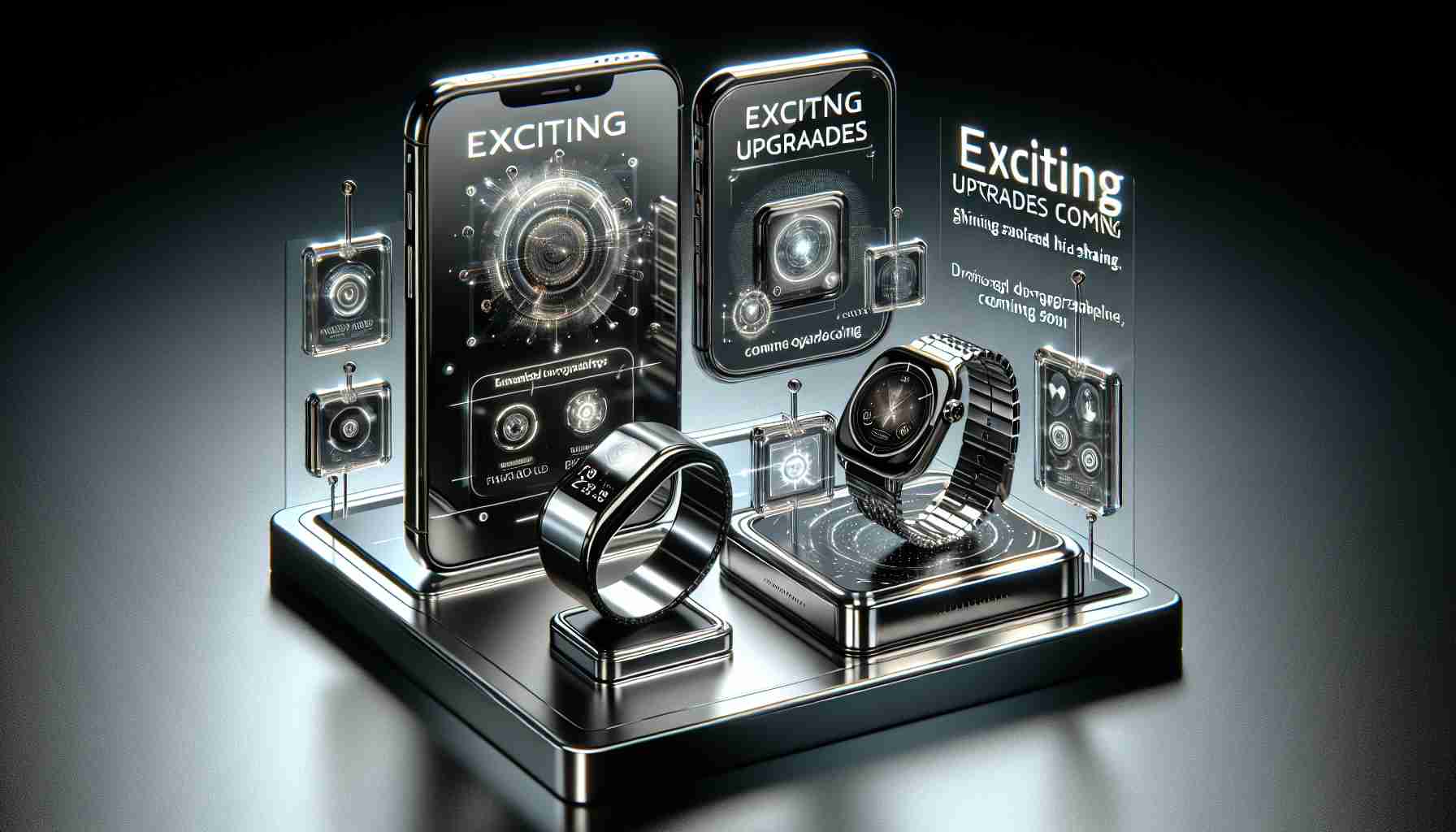 A realistic high definition image portraying the theme of 'exciting upgrades'. Show a gleaming hi-tech table with a sleek, unbranded, state-of-the-art smartphone, a similarly designed shiny smartwatch, and a smart home pad. Use shining silver and polished black colors for the devices. Around the devices, depict advanced features in action: wireless sharing, holographic displays, innovative apps, and breaking-edge technological advancements. Also, include a relevant promotional text in tasteful typography saying, 'Exciting Upgrades Coming Soon'. The overall ambiance should feel futuristic and sophisticated.