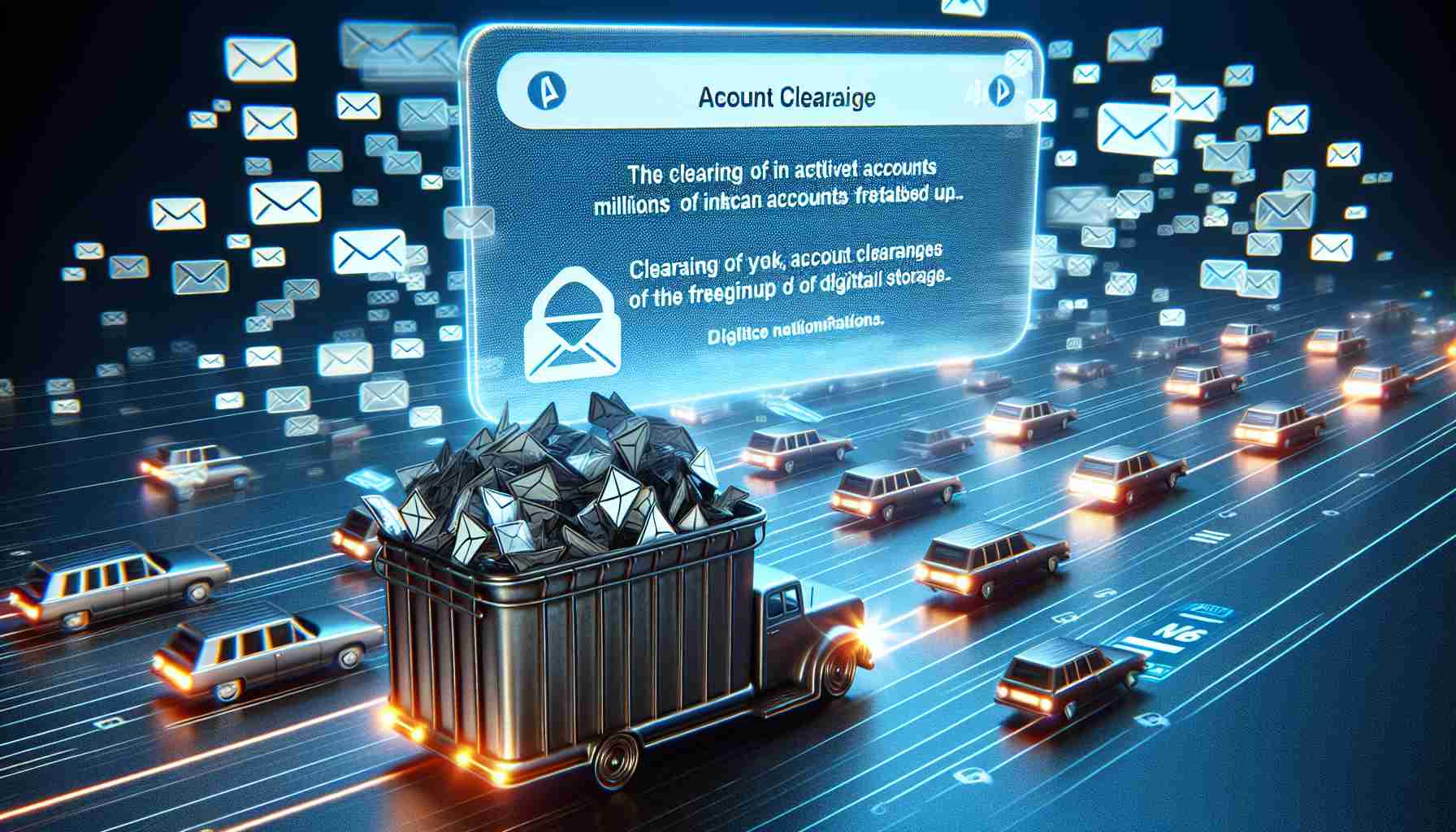 A realistic HD depiction of a digital process representing the clearing of millions of inactive accounts from a large, generic email service, with the interface showing notifications of account clearances and the freeing up of digital storage