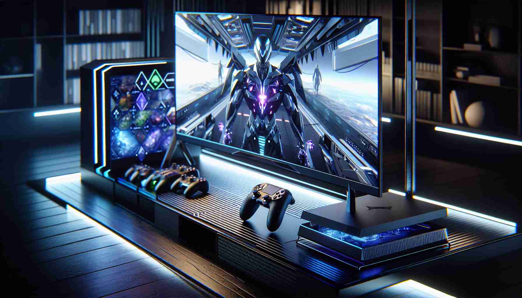 A detailed image depicting the 'next-gen gaming experience'. This involves a modern and futuristic gaming setup. The setup would include an ultra-high-definition display with sharp, vivid colors, a cutting-edge gaming console with futuristic design lines, and an ergonomic gaming controller. The room is lit by dim ambient lighting, illuminating the intricate details on the console and controller. The screen displays advanced, hyper-realistic in-game graphics, representing the pinnacle of current generation gaming technology. The image captures the immersive, dynamic, and high-tech nature of the next-gen gaming experience.