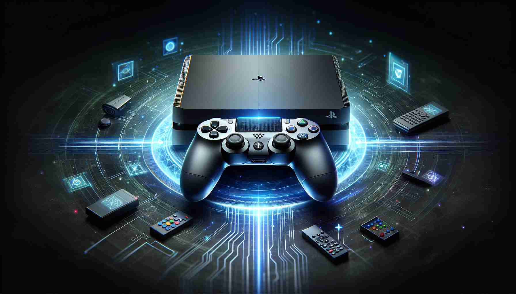 Create a realistic, high-definition digital representation of a brand-new, advanced gaming console, demonstrating the innovative features that have been introduced in its most recent software update, all depicted in a contemporary and sleek fashion.