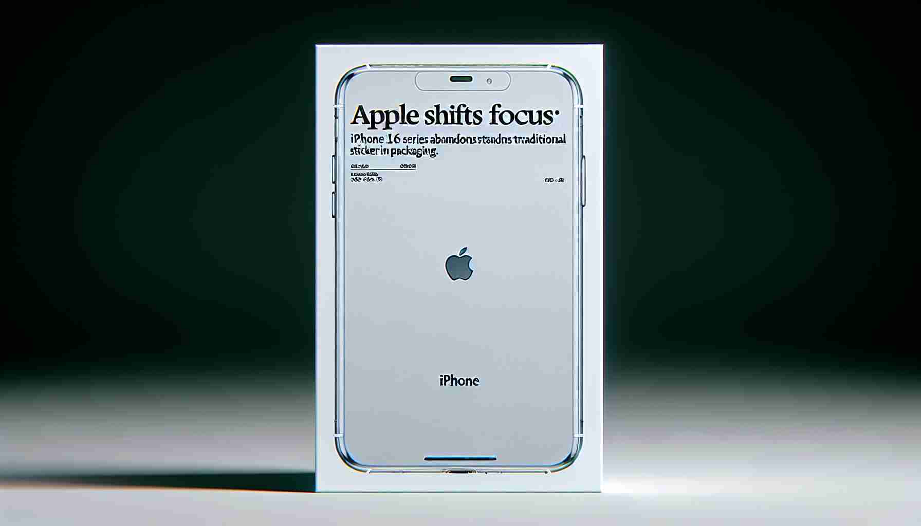 A high-definition, realistic image of a news headline reading: 'Apple Shifts Focus: iPhone 16 Series Abandons Traditional Stickers in Packaging'. Below the headline, illustrate a clear view of the box of the iPhone 16 series isolated on a white background. The packaging is neat, refined, with minimalist aesthetics. The Apple logo is prominently displayed on the box, and there are no stickers or additional decorations.