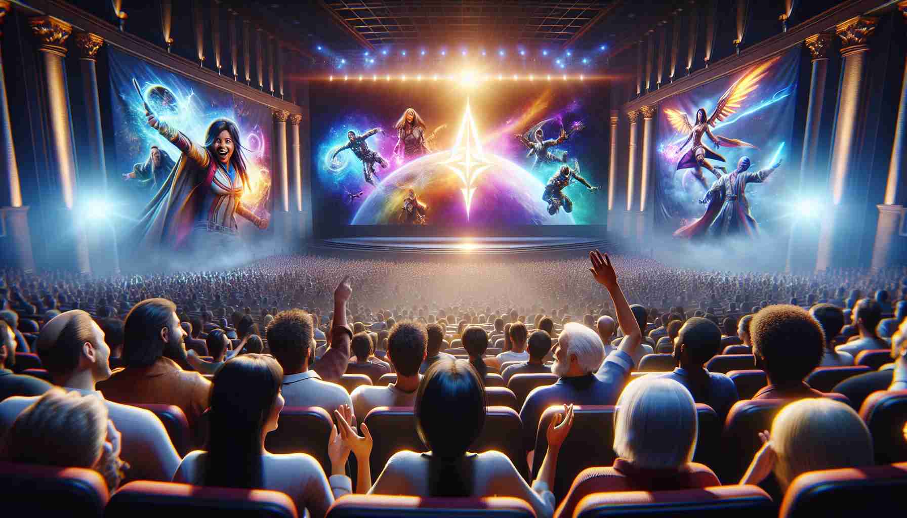 Imagine a high-definition, realistic image that illustrates the thrilling announcement of a new game from a high-tier gaming studio. The scene could feature a vibrant, large screen displaying the game's logo amidst a dramatic lighting, in an auditorium filled with anticipation. Include the expressions of joy, surprise, and anticipation on the faces of a diverse group of attendees - a young Hispanic woman, a Middle-Eastern man in his thirties, a Caucasian senior and a young Black teenager. Also, include glimpses of promotional materials such as banners, game-related merchandises, and more.