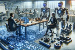 High-definition, realistic image depicting a meeting of innovation and technological progress: a non-specific, highly influential British industrial designer collaborates with a leading Artificial Intelligence research laboratory. The scene showcases designs of products, blueprints, advanced machinery representative of cutting-edge technology, electronics, AI components and coding elements scattered around their workspace.