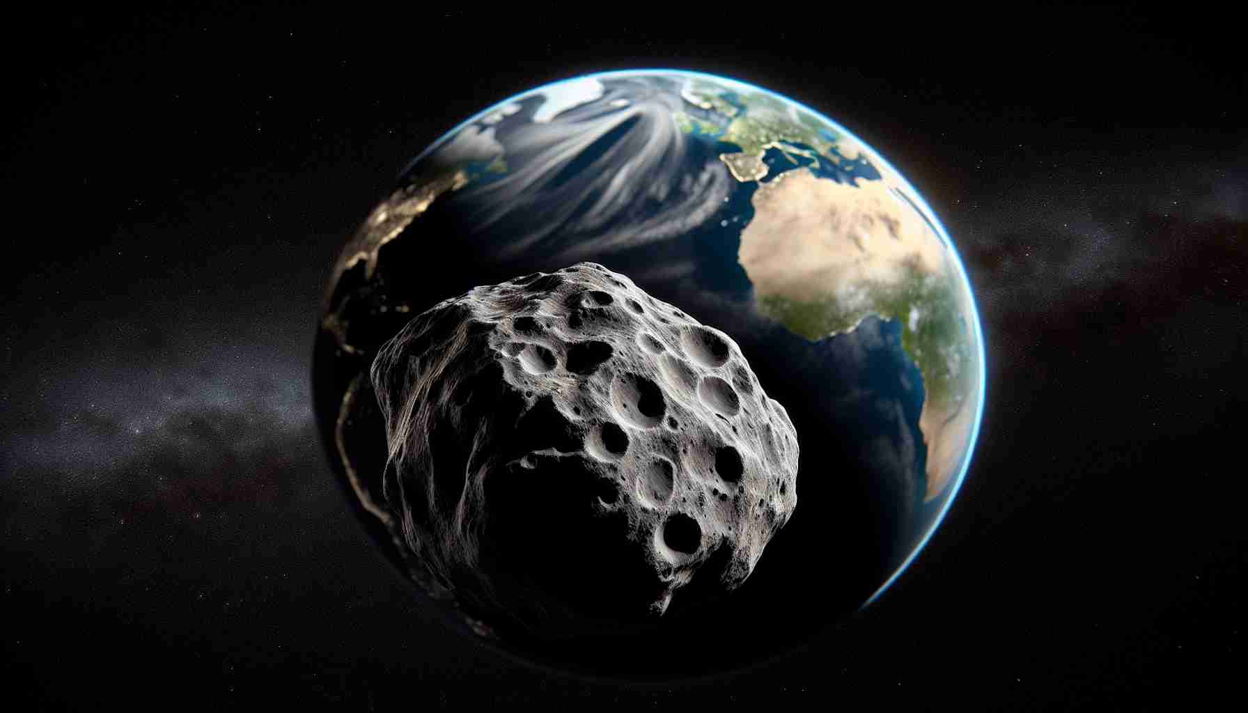 A highly-detailed, realistic illustration of a small asteroid whizzing past the Earth at a close distance. The Earth is seen in the backdrop, appearing as it would from a satellite's perspective. The asteroid is small in comparison to the planet but still a significant celestial body. Its rugged, uneven surface reflects gradations of light and its motion gives a sense of rapid movement. Meanwhile, the celestial event takes place in the black expanse of outer space, scattered with distant stars and galaxies.