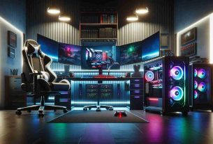 Create a highly detailed and realistic image that represents the concept of investing in a superior gaming experience. It should depict a high-tech gaming setup with cutting-edge equipment. The scene could include a state-of-the-art gaming PC with a powerful graphics card and cooling system, a multi-monitor setup, a high-speed internet modem, RGB LED lighting, ergonomic gaming chair, professional-grade gaming headset with crystal-clear audio, and a gaming keyboard and mouse with advanced features. The setting is in an organized and well-lit room, with the lights dimmed to create an immersive atmosphere.