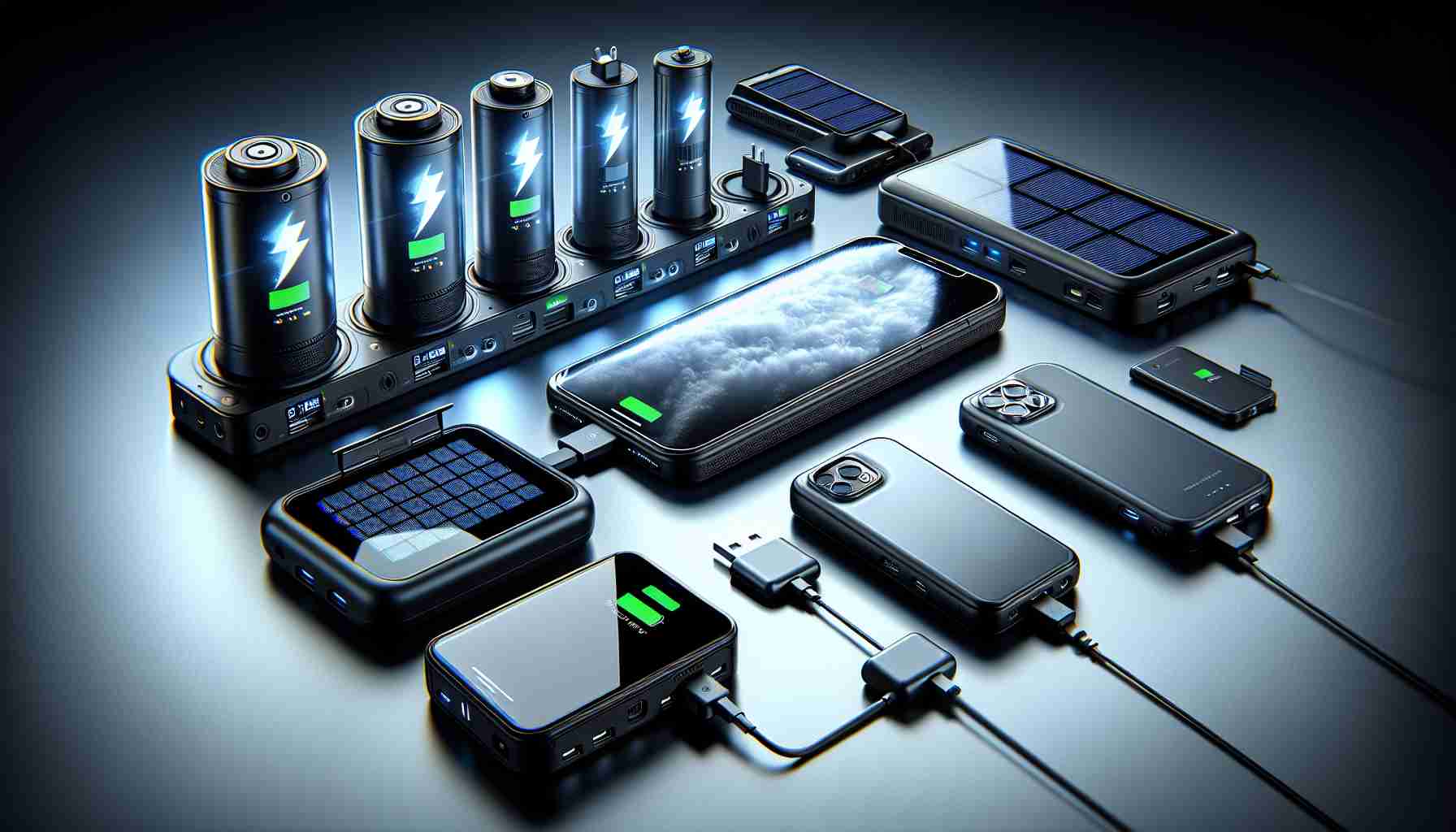 Generate a realistic, high definition image showcasing a variety of innovative and cutting-edge battery charging options designed for the latest models of popular smartphones. Display a variety of devices: attached battery cases, wirelessly charging stands, portable power banks and solar-powered chargers. In addition, show a phone being charged using these options. The image should highlight the convenience and technological sophistication of these charging options.